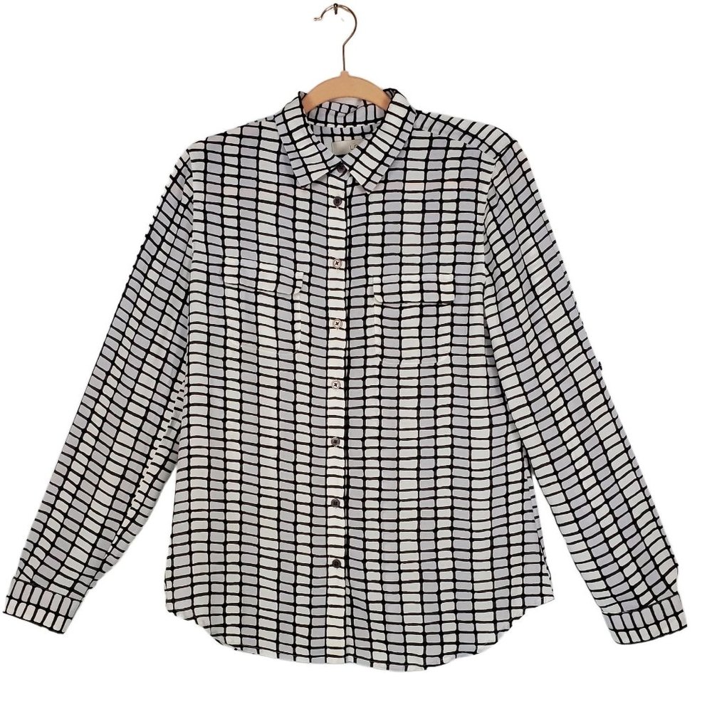 Ann Taylor Loft Women top sz S white & brown geometrical long roll tab sleeve
